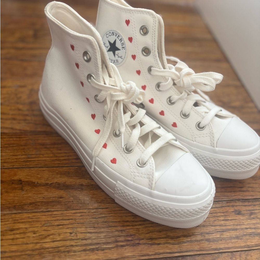 Converse White High-Top Sneakers with Red Hearts